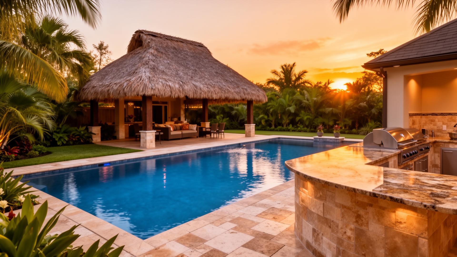 Luxury palapa next to pool at sunset